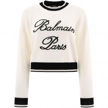 Women's Balmain Signature Knit Sweater, White, Size XS