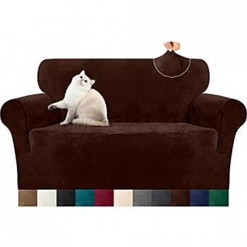 Luxurlife Velvet Plush Couch Cover 1 Piece Super Stretch Sofa Cover for 2 Seater Ultra Soft Furniture Protector with Non-Slip Sticks Machine Washable