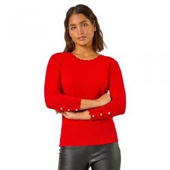 Roman Women's Red Buttoned Scallop-Knit Top (Size 16)