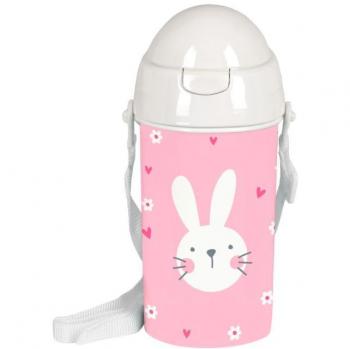 Botella De Agua Infantil Conejito Blanco Con Fondo Rosa Flores Y Corazones