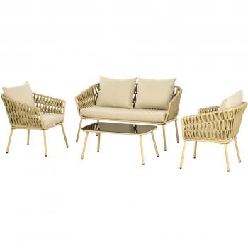 Outsunny Salotto da Giardino con Divanetto, 2 Poltrone e Tavolino in Acciaio e Tessuto a Rete, Crema