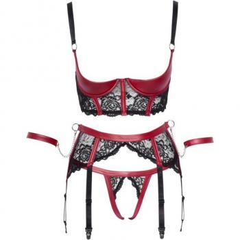 Cottelli Red Wet Look & Lace Underwired Crotchless Bra Set with Restraints – Medium