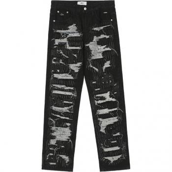 Jeans Negros para Hombre con Bordado, Estilo Hip-hop, Corte Recto y Efecto Bigote, Otoño