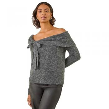 Roman Women's Bardot Sequined Knitted Pullover – Dark Grey, 16