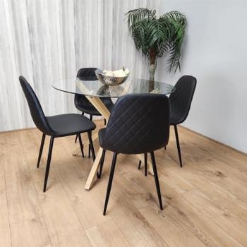 KOSY KOALA 100 cm Clear Glass Circle Table + 4 Black Gem Leather Chairs