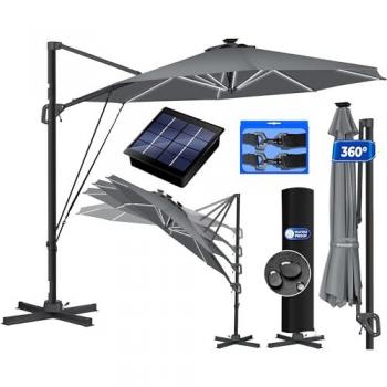 Parasol Déporté 330 cm KESSER® Solaire – LED 360°, Aluminium, Housse & Manivelle, Protection UV Anthracite