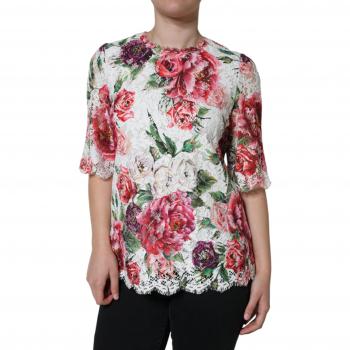 White Floral Silk Lace Blouse with Short Sleeves