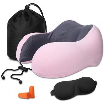 Cuscino Cervicale Viaggio Pink – Nasum Memory Foam con Maschera, Tappi e Borsa