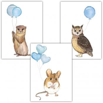 Frechdax® 3er Set Kinderzimmer Poster Baby Bilder DIN A4 | Waldtiere Safari Afrika Tiere Tierposter Luftballon Ballon Farbwahl