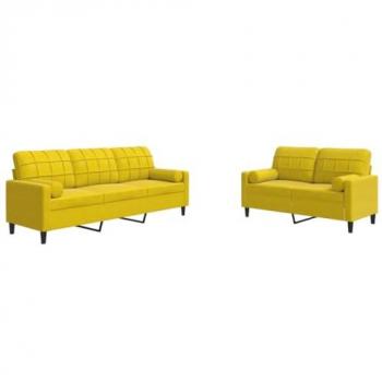 VidaXL Sofa 2-tlg. Gelb Samt mit Kissen und Nackenrollen