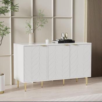 Buffet Wishdor Salon Blanc – 2 niveaux, 6 compartiments, motif floral, 127x45x75 cm