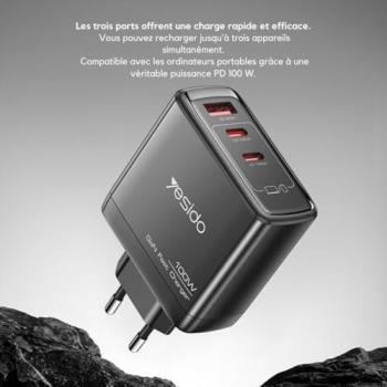 GaN PowerMax 100 W – Chargeur à Triple Port USB‑C/USB‑A, Format Mini, Prise EU