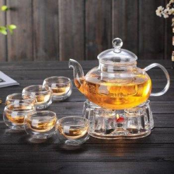 600ml Heat-Resistant Glass Teapot with 6 Double Wall Cups