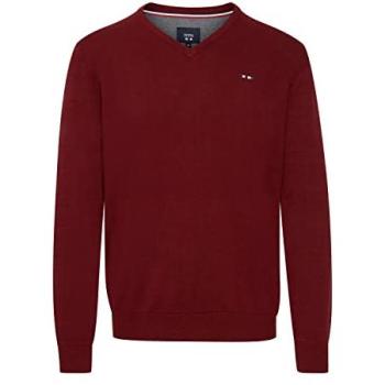 Herren-Stripfleece‑Pullover FQ1924 in Cabernet‑rot, 100 % Baumwolle, V‑Ausschnitt