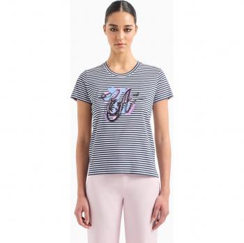 Emporio Armani Women's Blue Striped Tee with Embroidered Design, Size XS