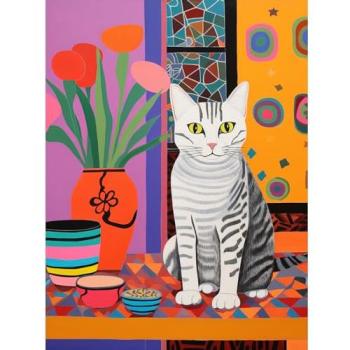 Bright Folk Art Cat in Pot – Home Wall Poster
