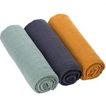 Swaddle Blanket Baby‑Set (grün, navy, mustard) – 3 Stück, 85 × 85 cm