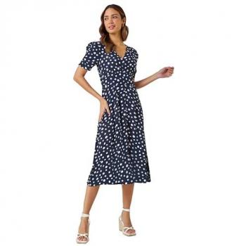 Ruched Sleeve Polka Dot Midi Dress