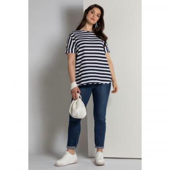 Plus Size Blue Striped Short Sleeve Shirt, Round Neck, Linen/Cotton Blend, Women, Size 16/18