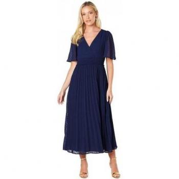 Ladies Navy Pleated Chiffon Wrap Midi Dress