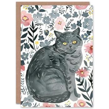 Artery8 Women's Grey Floral Birthday Card with British Shorthair Design