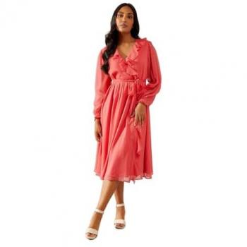 Pink Petite Ruffle Wrap Midi Dress for Women