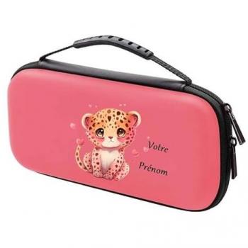 Etui Pochette Personnalisée Rose Corail pour Nintendo Switch Lite avec Motif Léopard et Cœur