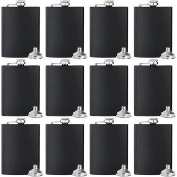 12 Black Stainless Steel Hip Flasks with Silver Lids and 12 Funnels for Events