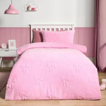 Teddy Fleece Bows‑Tufted Duvet Set, Pink, Double – OHS Edition