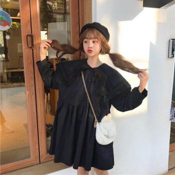 Robe Harajuku à col en dentelle pour femmes, mini robe noire et blanche, double couche, surdimensionnée, Kawaii