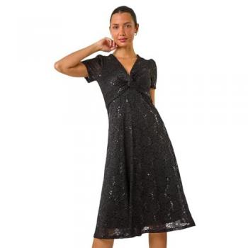 Roman Roman Black Sequin Lace Twist Front Midi Dress (EU 46 / UK 18) für Damen