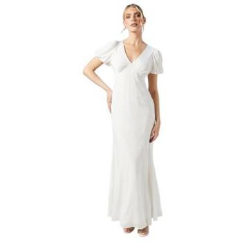 Oasis V Neck Puff Sleeve Satin Jacquard Wedding Dress Ivory 18