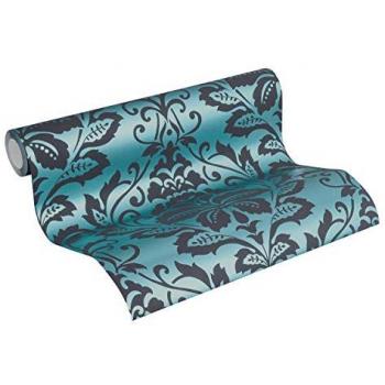 Papier peint baroque turquoise et noir 53 cm x 10,05 m