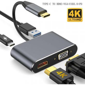 Adaptateur USB‑C 4 ports : HDMI / VGA / USB 3.0 PD3