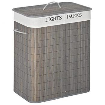 Panier à linge 100L en bambou pliable avec 2 bacs, couvercle et sac amovible gris