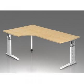 Hoekbureautafel TARVIS, B 2000 x D 1200/800 x H 680-860 mm, sous-structure blanche, motif érable