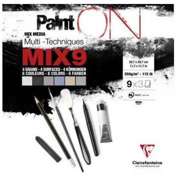 Clairefontaine Paint'ON Mix9 Gummed Pad – 27 Sheets, 250 gsm, 29.7 cm Square – Assorted Colour Pack