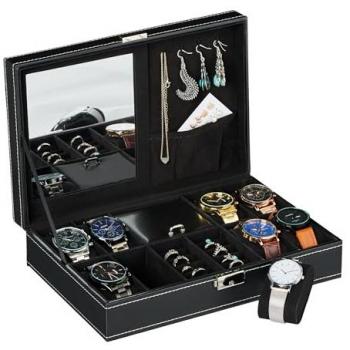 Estuche para Relojes Relaxdays, 8 compartimentos, caja de joyas, efecto piel, terciopelo, 8 x 30 x 20,5 cm, negro