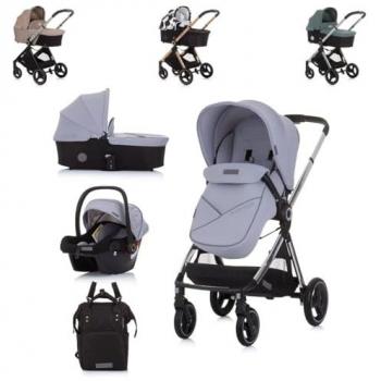 Chipolino Kinderwagen Elite 3 in 1 mit i-Size Babyschale, Sportsitz und Babywanne, grau