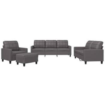 4-Piece Sofa Set in Grey Faux Leather with Cushions