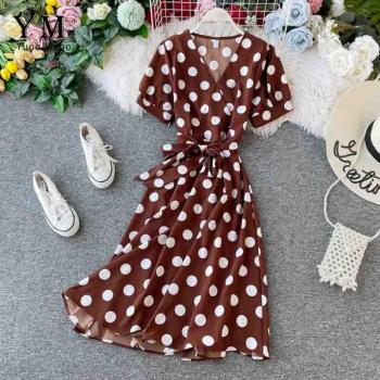 Casual Polka Dot Midi Dress with Sash