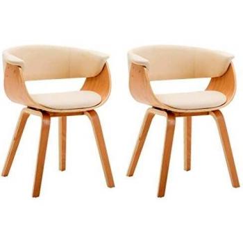 Sillas de comedor de 2 piezas con madera curvada y cuero sintético crema