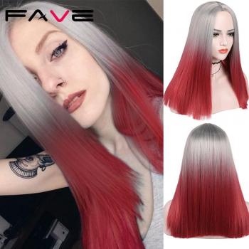 Peluca Recta de Pelo Sintético Ombre Gris Azul Rojo y Rubio Medio