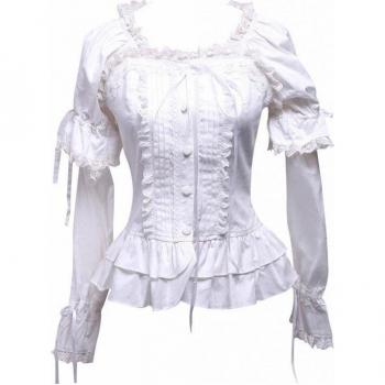 Blusa de mujer Lolita de algodón, manga larga, encaje blanco, cuello cuadrado, XS-XXL