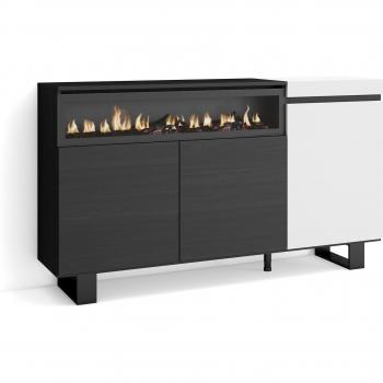 Buffet salon et cuisine moderne – 150x35x87 cm – 3 portes – cheminée électrique – design industriel – blanc & noir