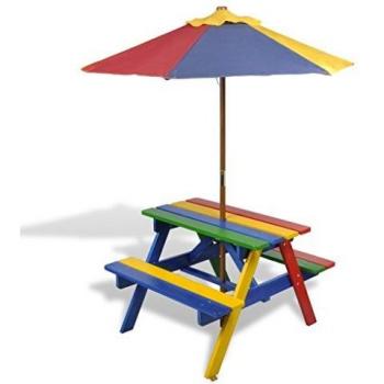 Gracrux Kids’ Picnic Table with Benches and Parasol – Multicolour Wood