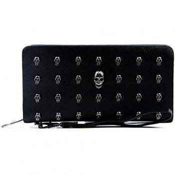 Eveout Schwarz Totenkopf‑Print Handtasche – Damen PU‑Leder Umhängetasche für lange Geldbörse