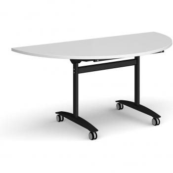 Semi Circular Deluxe Fliptop Meeting Table with Black Frame 1600mm x 800mm – White