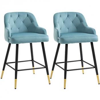 Lot de 2 tabourets de bar Chesterfield capitonnés en velours bleu avec pieds en métal noir et doré