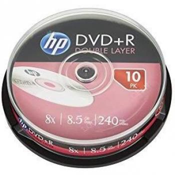 HP DVD+R Doble Capa 8.5 GB, 240 Minutos, Velocidad de Grabación 8X en Tarrina de 10 Unidades